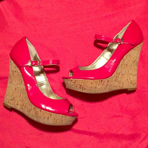 Guess Shoes - Guess Red Patent Pinup Peep Toe Wedges